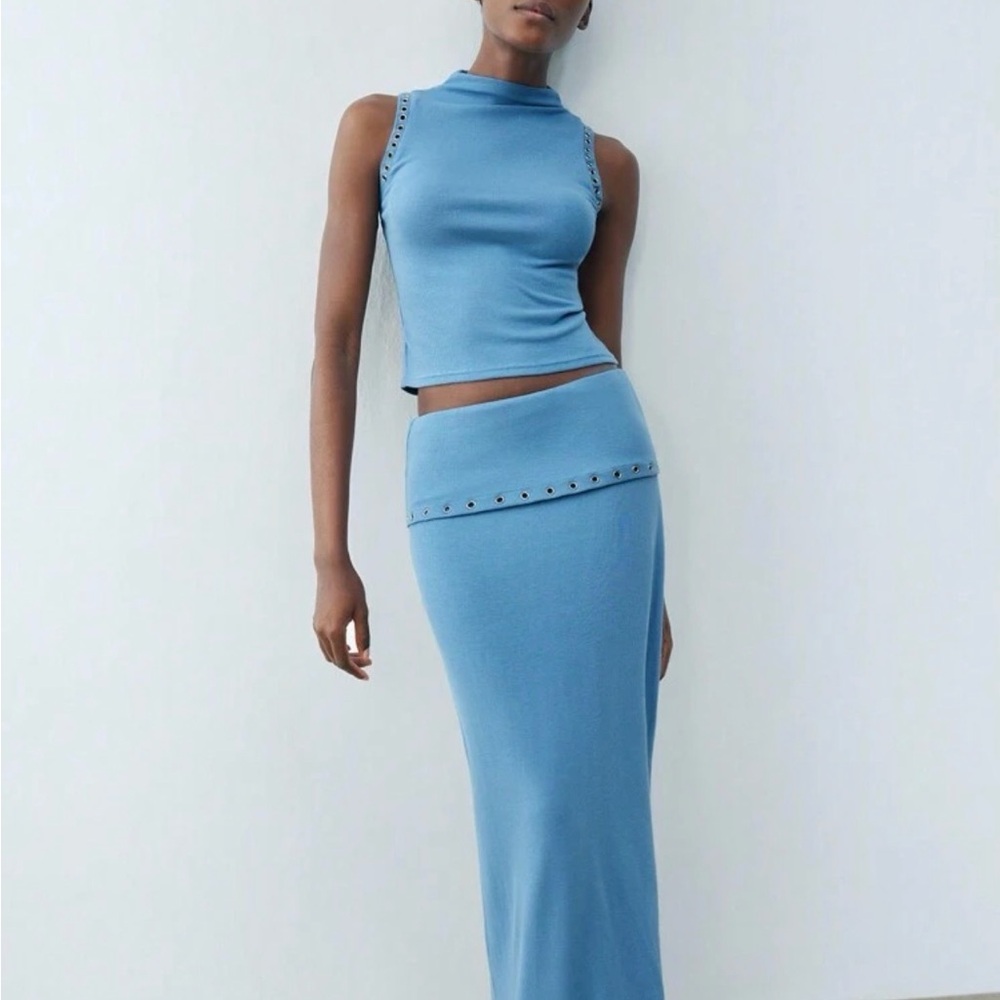 Sleeveless Blue Eyelet Maxi Skirt/Mock Neck Set